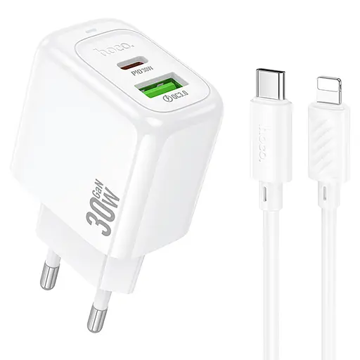 МЗП Hoco CS55A Surplus PD30W+QC3.0 (1USB-A/1C) + кабель Type-C to Lightning White