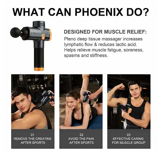 Ударный массажер триггерных точек Phoenix A2 Пистолет массажный 2400mAh 3 скорости 6 насадок - фото 6