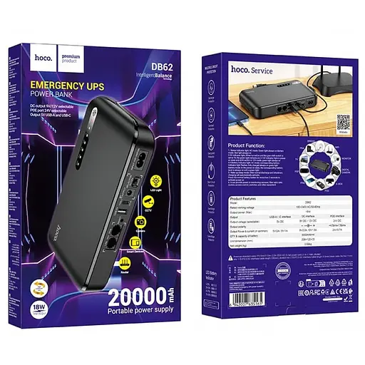 ИБП UPS для роутера Hoco DB62 UPS 20000mAh/18W/1USB/1TypeC/5/9/12v/POE 15-24V/LED black - фото 4