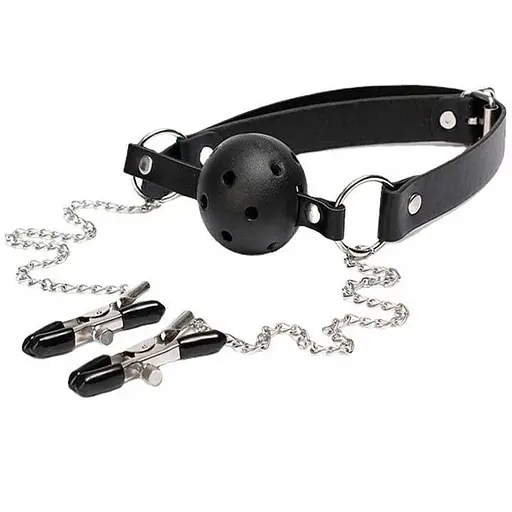 BDSM-аксессуар кляп с зажимами для сосков Черный K000766 - фото 1