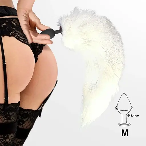 Силіконова анальна пробка Art of Sex з хвостом із натурального хутра Size M White fox - фото 4