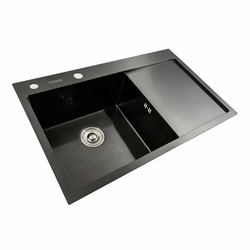 Кухонна мийка чорна PVD 78x48 L Platinum Handmade (два отвори, круглий сифон 3,0/0,8), Чорний - фото 3