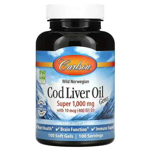Жир із печінки тріски Carlson Laboratories Cod Liver Oil Super 1000 mg 100 softgels (1086-2023-10-3889)