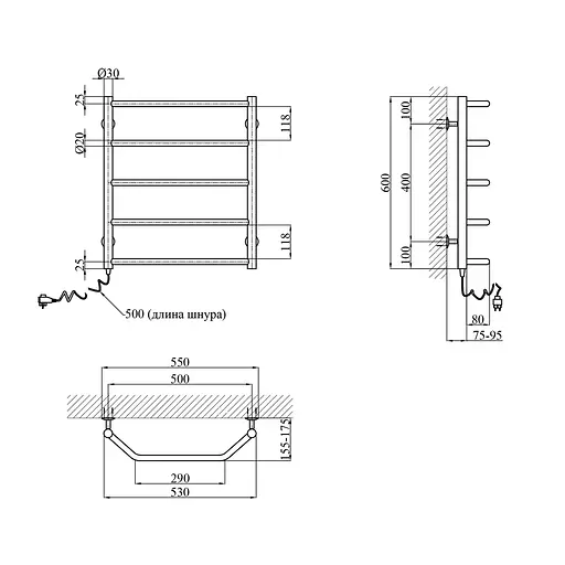 Полотенцесушитель электрический Kroner Трапеция ДТ08EL 600x500/5 EL CV023845, Хром, Левое - фото 2