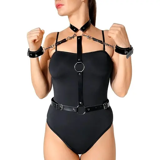 Женская кожаная портупея с наручниками Art of Sex - Ursula черная XS-2XL - фото 4