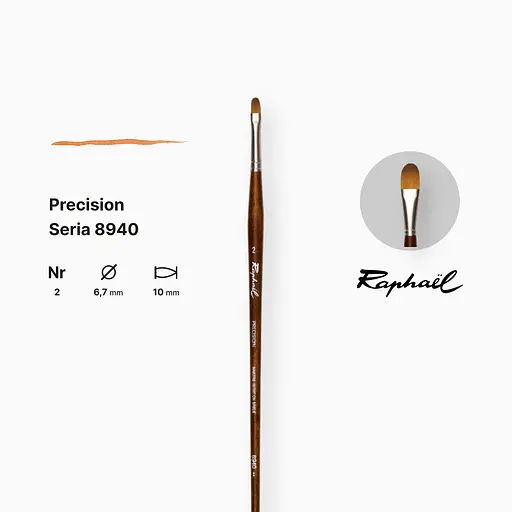 Кисть синтетика овальная Raphael Precision, №2, для акрила и масла, длинная ручка - фото 2
