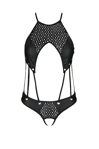 Боді з відкритим доступом Passion TASMINA Body XXL/XXXL black екошкіра шнурівки ажурні мережива - фото 3