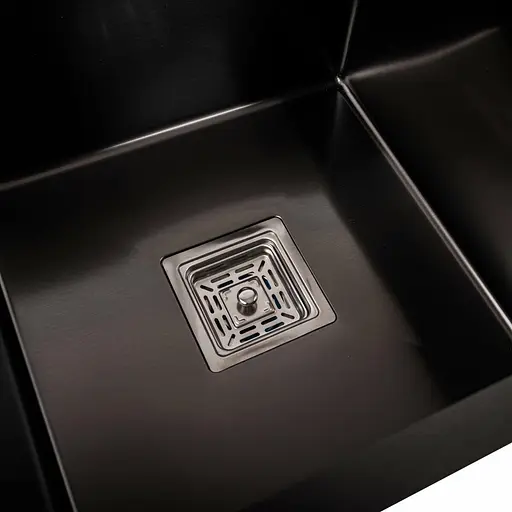 Кухонная мойка Platinum Handmade PVD HDB черная 780x430x230 на две чаши (квадратный сифон, 3.0/1.0), Черный - фото 5