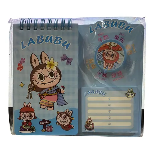 Детский блокнот Лабубу с наклейками, стикерами для записей и держателем для ручки голубой (25-SS197)