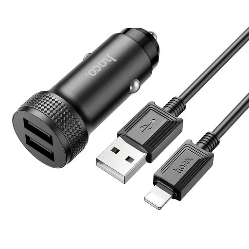 Адаптер автомобильный HOCO Lightning Cable Level dual port car charger Z49 комплект черный - фото 2
