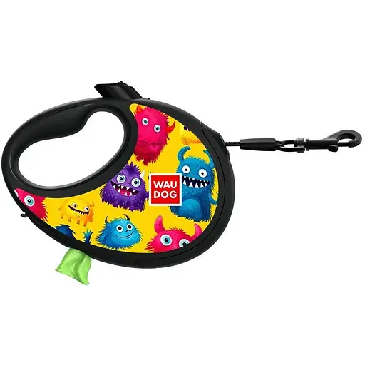 Повідець-рулетка для собак Waudog R-leash з контейнером для пакетів, малюнок "Мохнаті монстри", світловідбивна стрічка, M - фото 2