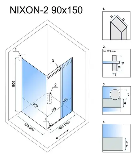 Душевая кабина Rea Nixon 90x150 P chrome REA-K5011 + REA-K5009, Правая, прозрачный, хром - фото 7