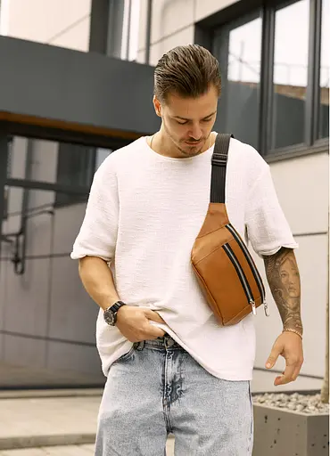 Большая мужская кожаная сумка на пояс бананка Sambag Tirso Max рыжая 38×17×6 см (81341121m) - фото 2