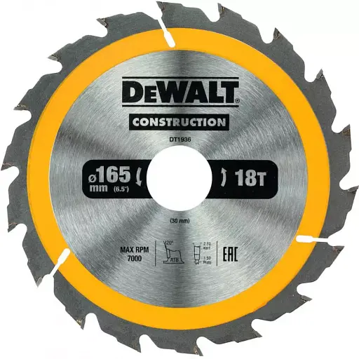 Диск пиляльний DeWalt Construction 165 х 30 мм 18 зубів (DT1936)