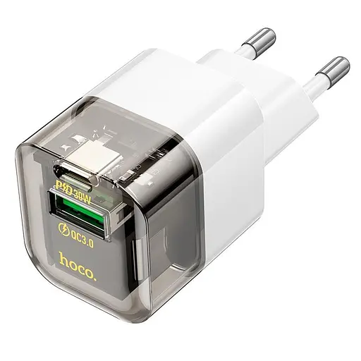 Адаптер мережевий HOCO Platinum dual-port C131A |1USB/1Type-C, 30W/3A, PD/QC| - фото 1
