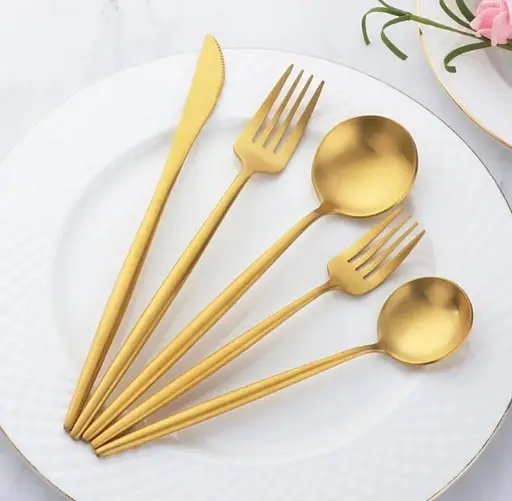 Набор столовых приборов золото из нержавеющей стали 18/10 на 5 предметов. - фото 2