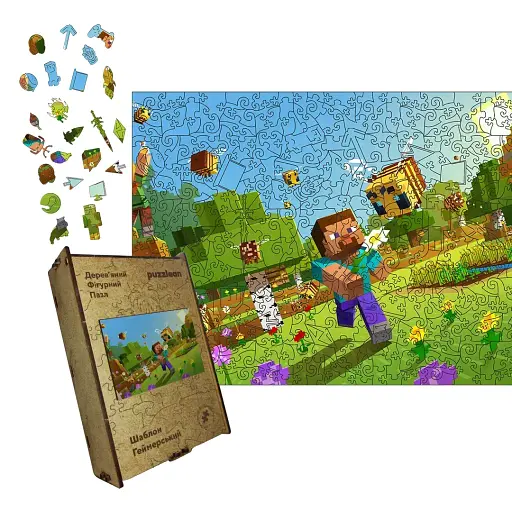 Деревянный фигурный пазл Minecraft (Майнкрафт) геймерский, А2, Деревянная коробка 300+ элементов