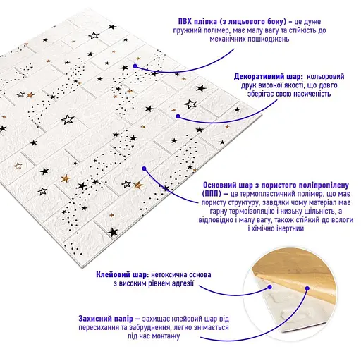 Декоративная 3D панель самоклеющаяся 700х770х3мм Звезды (кирпич) (021-3) SW-00000693 - фото 2