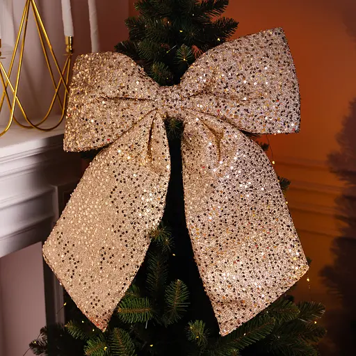 Бант новорічний для декору з паєтками на ялинку Yiwu 55×70 см великий на маківку ялинки Золотистий CR-2-21  - фото 2