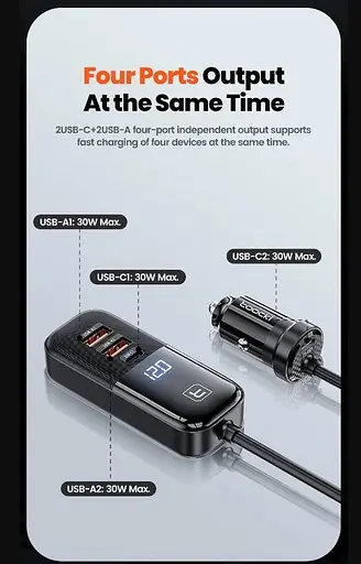 Автозарядный адаптер 4 выхода Toocki 120W TQ-CC28 2C+2A TCC2C2A-XJ01 черный - фото 7