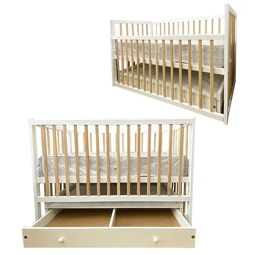 Детская кроватка София с опускной боковиной, маятником на подшипниках и белым ящиком с натуральными элементами - фото 2