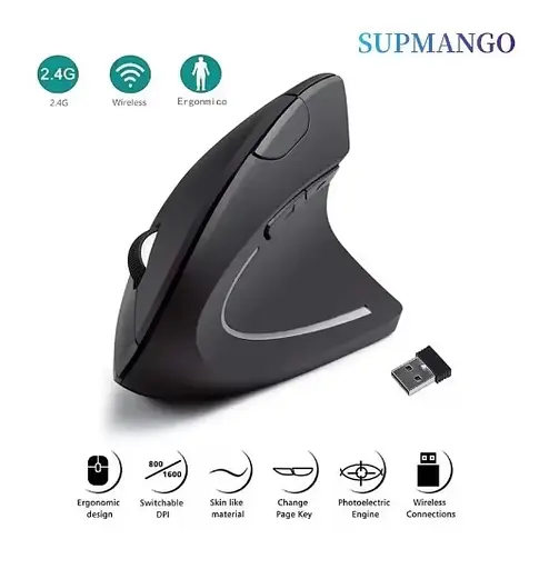 Бездротова вертикальна комп'ютерна миша  1600 DPI 6 кнопок Чорна  - фото 5