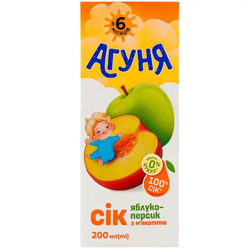 Уценка. Сок Агуня Яблоко-персик с мякотью осветленный восстановленный стерилизованный для детей от 6 месяцев 200 мл