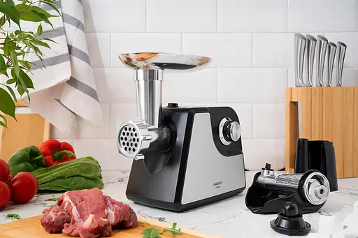 ARDESTO М'ясорубка, 1700Вт, продук.-1.6кг/хв, 2 решітки + для ковб., кеббе, насадка для томатів, пластик+метал, чорно-сріблястий - фото 2