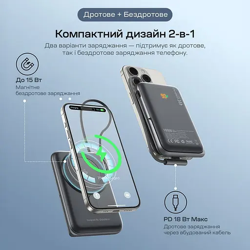 Повербанк 10000mAh Choetech B735 Black QC3.0 PD3.0 бездротова магнітна зарядка, вбудований кабель, підставка (43-00149) - фото 5