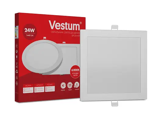 Квадратний світлодіодний світильник Vestum врізний 24W 6000K 220V 1-VS-5206 - фото 2