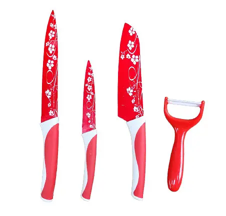 Набор ножей Royalty Line RL-KT05ST из нержавеющей стали с керамическим покрытием с подставкой Красный - фото 1