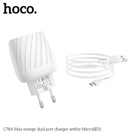 Блок мережевий адаптер живлення HOCO C78A Max energy набір із кабелем Micro USB білий - фото 2