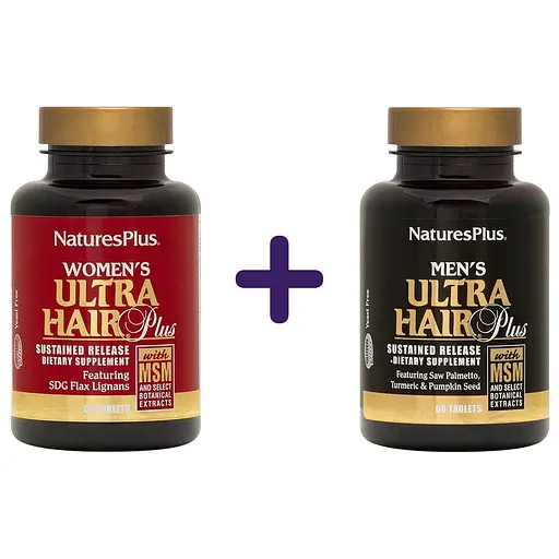 Набор: комплекс для женщин Nature's Plus Ultra Hair для роста и оздоровления волос 60 таблеток (NTP4833) комплекс для мужчин Nature's Plus Ultra Hair для роста и оздоровления волос 60 таблеток (NTP4832)