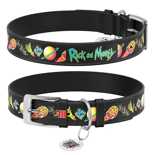 Ошейник для собак кожаный Waudog Design с QR-паспортом "Рик и Морти 3" L Ш 25 мм Д 38-49 см черный