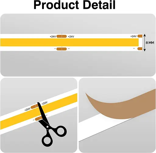 Світлодіодна стрічка COB 5 м, світлодіодна стрічка теплого білого кольору 3000 K, 24 В з димуванням, CRI92, ширина 8 мм, з пультом - фото 2