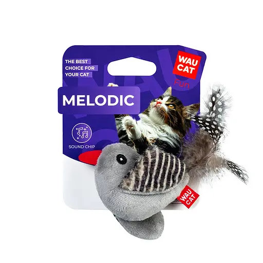 Іграшка для котів WAUCAT Fun Melodic Пташка зі звуковим чипом, штучне хутро, плюш, перо, 130 мм - фото 2