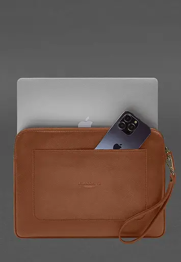 Кожаный чехол BlankNote для ноутбука на молнии с карманом и петлей на руку Светло-коричневый - фото 2