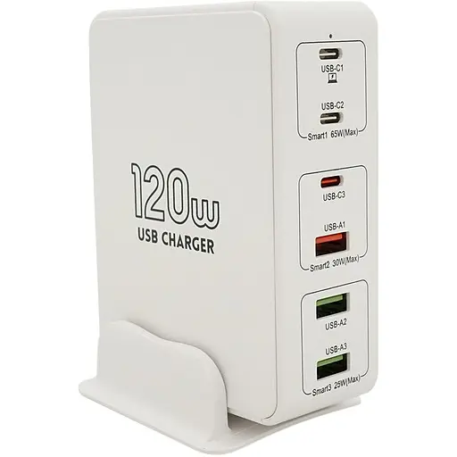 Зарядная станция V-818H мощностью 120W, Output: 3USB+3Type-C, DC: 5V/3, 9V/3A, 12V/3A, 20V/3.25A, White