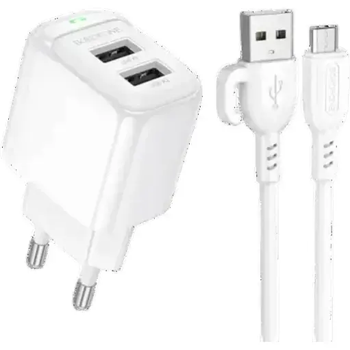 Зарядний пристрій з кабелем- адаптер мережевий Borofone BAS41A 2 виходи USB + micro кабель - SET білий - фото 1