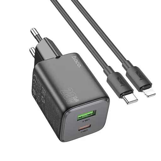 Зарядное устройство Hoco N41 USB/ Type-C PD QC черный + кабель Type-C to Lightning - фото 1