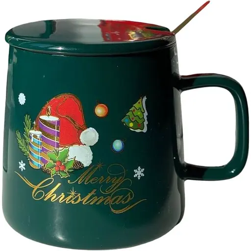 Кружка новогодняя Olens 8030-292 Рождественская с крышкой и ложкой керамическая 400 мл Зеленая - фото 1