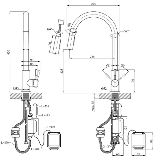 Змішувач для кухні з висувним виливом Kroner KRP Edelstahl Klassisch - PVD03916 сенсорний (CV032496) - фото 10