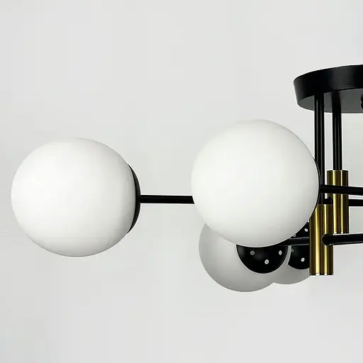 Стельова чорна люстра з латунною фурнітурою на 8 білих плафонів Ø 80 см | Line F | Арт. 81188/8 CP+BK+WT - фото 4