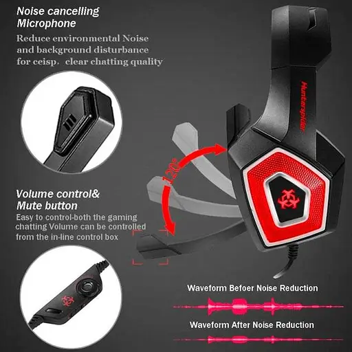 Провідна ігрова гарнітура Hunterspider Gaming with LED V1, USB, 3.5mm, 2m, black-red - фото 11