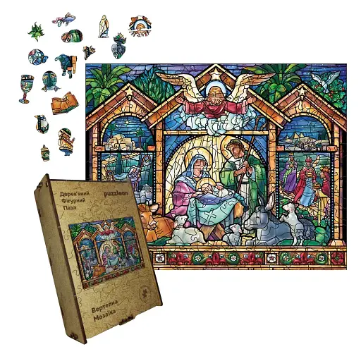 Деревянный пазл Вертепная Мозаика, А4, Деревянная коробка 100 элементов