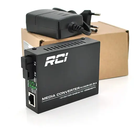 Медіаконвертер RCI A (IC+113), 1310 WDM 10/100/1000 одноволоконний Full/Half duplex, Gigabit SC 20km (0+70°C), + блок живлення 5V 1A Q50