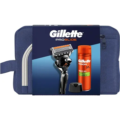 Подарочный набор: Станок для бритья мужской Gillette ProGlide с 1 сменным картриджем + Гель для бритья Gillette Fusion5 для чувствительной кожи 200 мл + Подставка + Косметичка - фото 2