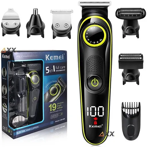 Профессиональная беспроводная машинка Kemei KM-696 для стрижки волос 5в1с USB и LED-дисплеем 5вт Черный - фото 8