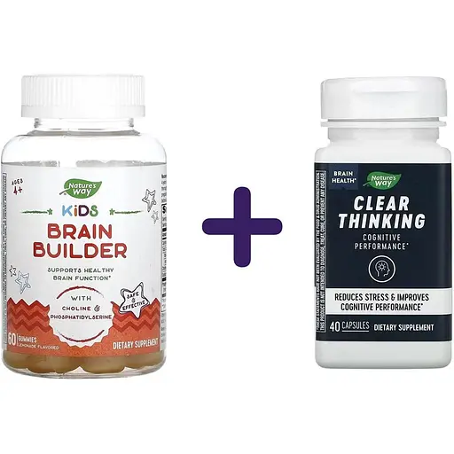 Набор: поддержка функций мозга для детей Nature's Way Kids Brain Builder 60 жевательных конфет + добавка Nature's Way здоровье мозга, ясность мышления 40 капсул