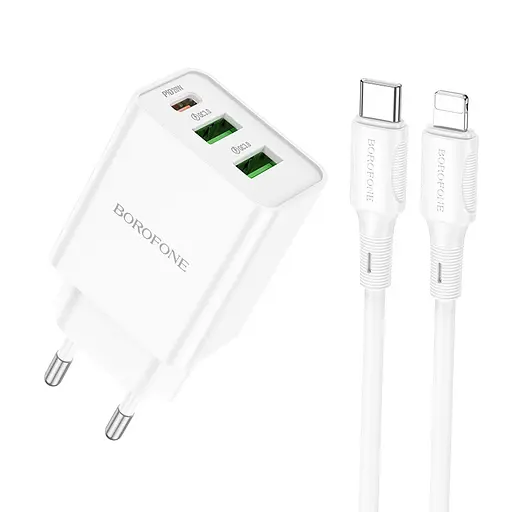 Сетевое зарядное устройство с кабелем Borofone BA70A Quick three-port PD20W(1C2A) charger set(C to iP) белый - фото 1